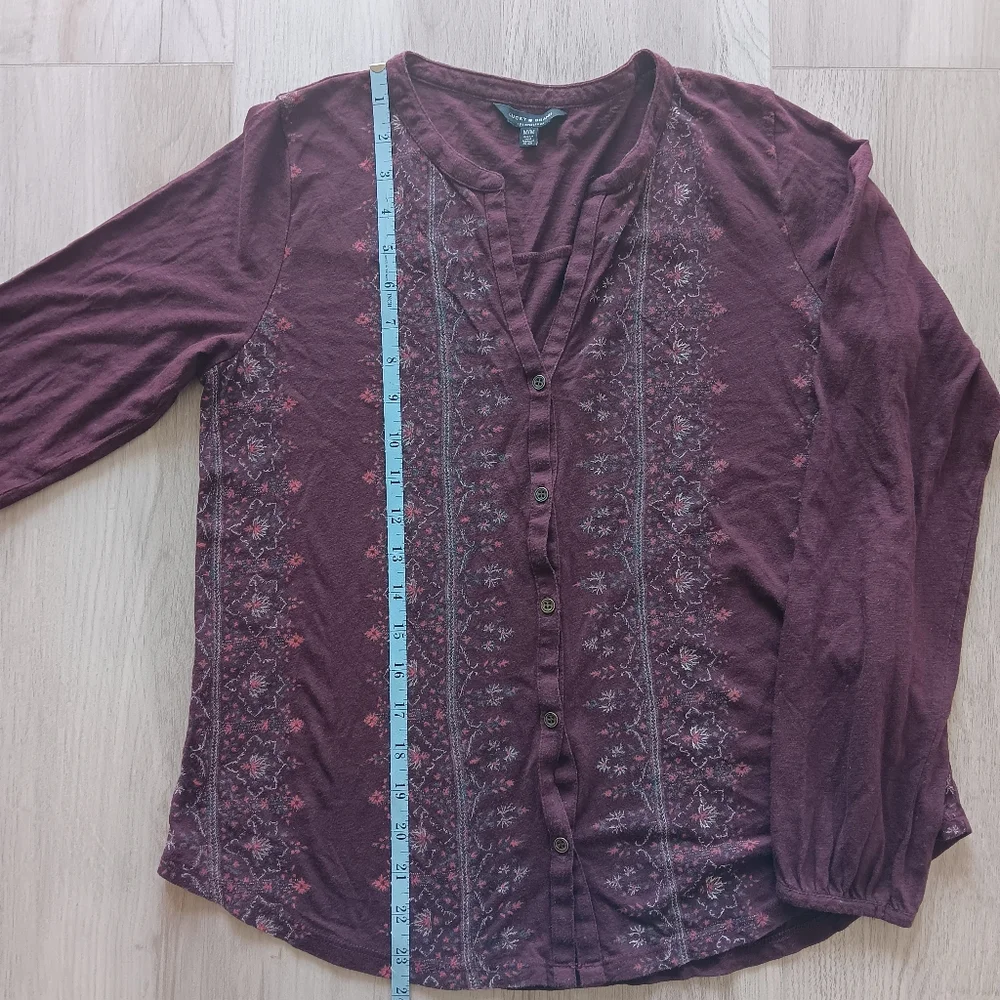 Lucky Brand Long-Sleeved Cotton Blend V-Neck Shirt Floral Purple White Medium - Picture 6 of 14